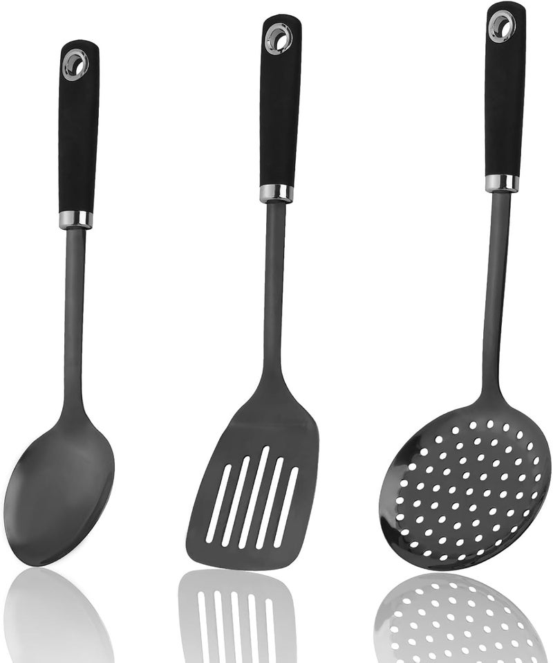 JXWING 3-Piece Cooking Utensils Set Stainless Steel Large Serving Spoons Set Slotted Spoon Spatula Turner Skimmer Commercial and Residential Use Dishwasher Safe, Black - Image 1
